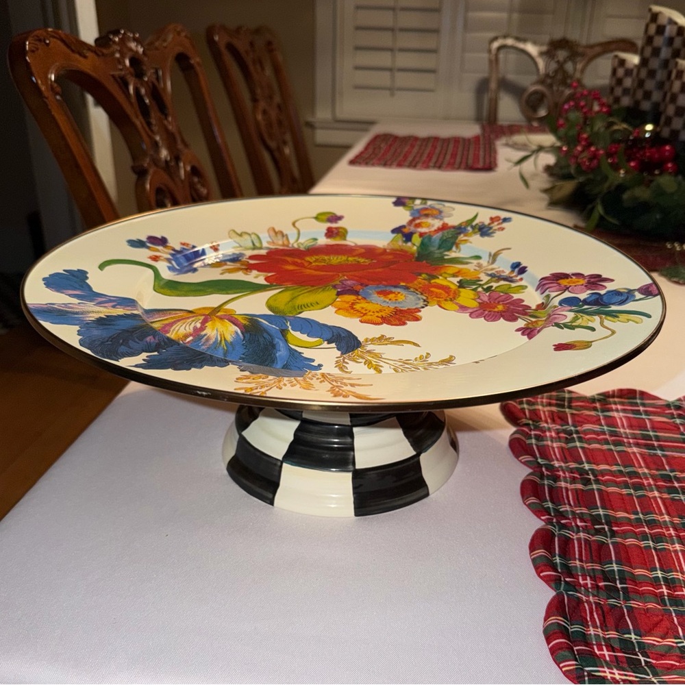MACKENZIE CHILDS Flower Market/ Courtly Check Large Pedestal Platter ✨Price Firm